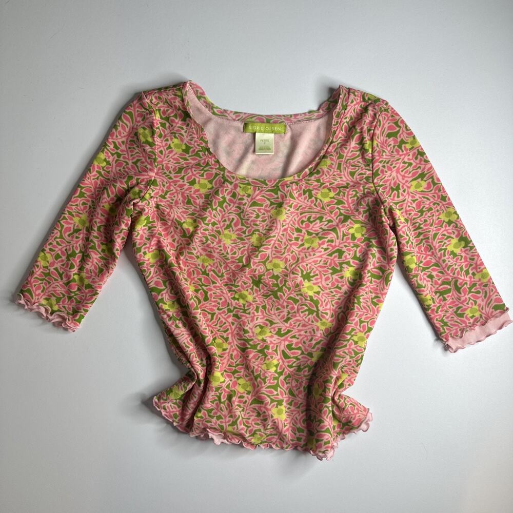 Sigrid Olsen Pink Green Mesh Size Pp Top Retro Fl… - image 3